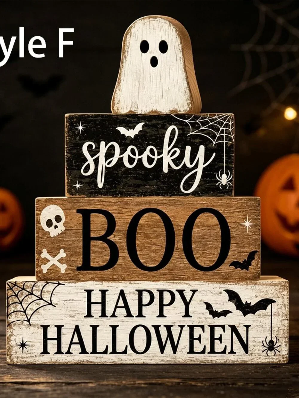 Halloween Stacked Wooden Block,Ghost Witch Pumpkin Tabletop Sign,Spooky Season
